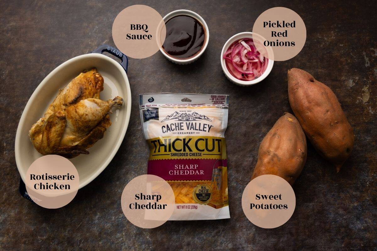 Ingredients to make BBQ chicken stuffed sweet potatoes. 