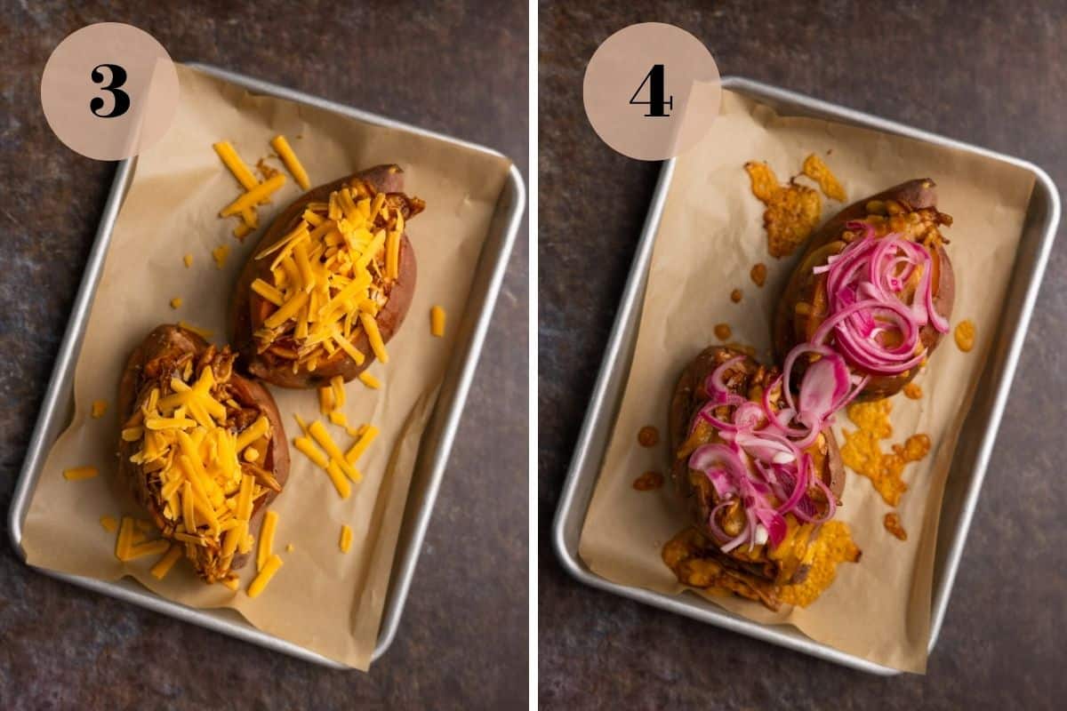 Sweet potatoes stuffed with BBQ chicken and cheese and then topped with pickled onions.