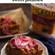 A BBQ Chicken Stuffed Sweet Potato on a plate, text that reads "Barbecue Chicken Stuffed Sweet Potatoes".
